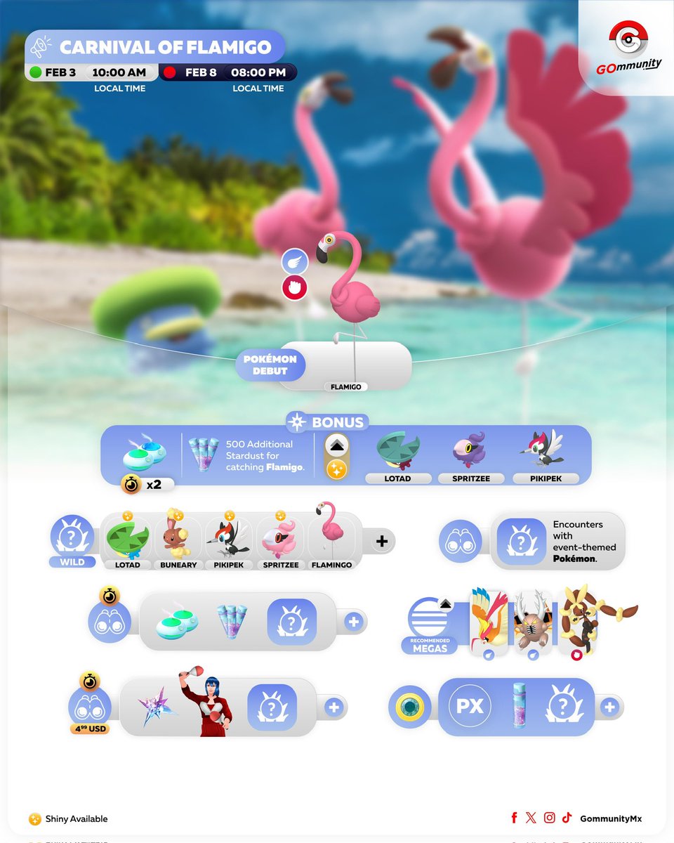 🦩 Carnaval de Flamigo / Carnival of Flamigo
🗓️ 3 - 8 Feb 
⭐️ Pokémon Debut: Flamigo 

#GOmmunity #PokemonGO #PlayPokemon 
#Pokemontrainer