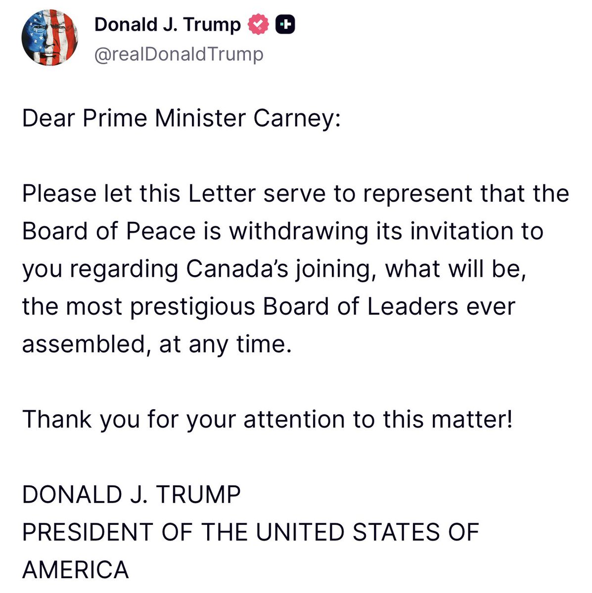 sentdefender's tweet image. President Donald J. Trump announces that Canada and Prime Minister Mark Carney are no longer invited to his “Board of Peace” following Carney’s dominating speech this week at the World Economic Forum in Davos, Switzerland.