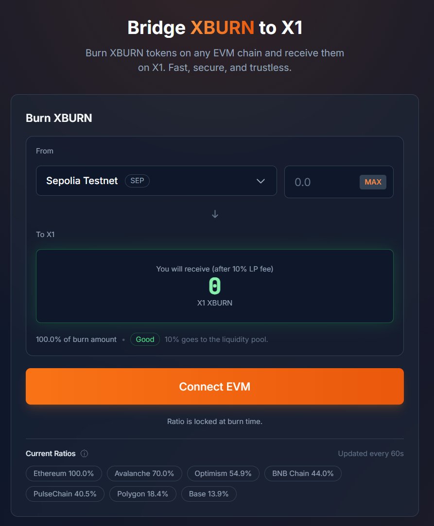 XEN → XBURN → X1 Bridge

If you burn $XEN, this is for you 👇

Burn $XBURN on any supported EVM chain including Sepolia testnet and claim $XBURN on X1 Testnet.✅ All historical burns included.

x1.burnxen.com
Now Testing on X1 Testnet 🔥