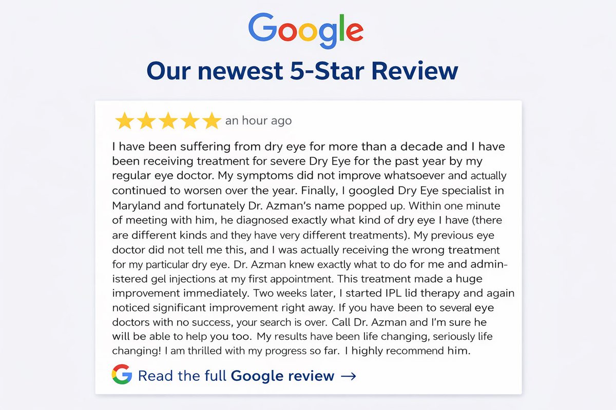 AzmanEyeCare's tweet photo. ⭐ Our newest 5-star Google review

After struggling with severe dry eye for over a decade, this patient finally got answers — and real relief — once the right diagnosis was made.

https://t.co/0j9xKrHMKl https://t.co/AHBwyQMEUA