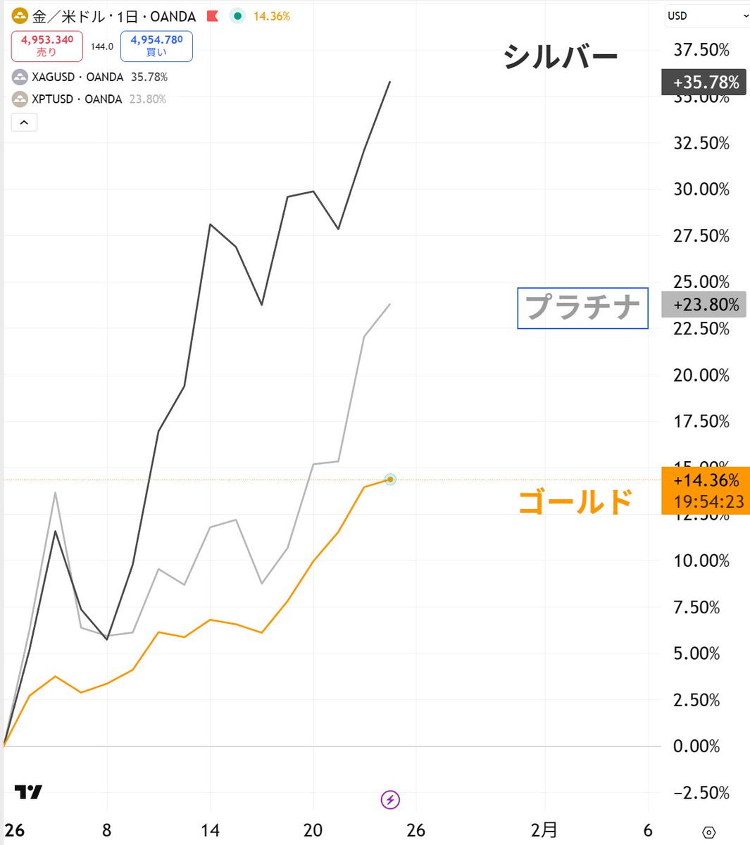 貴金属の年初来リターン（ドル建て） シルバー：＋35％ プラチナ：＋23