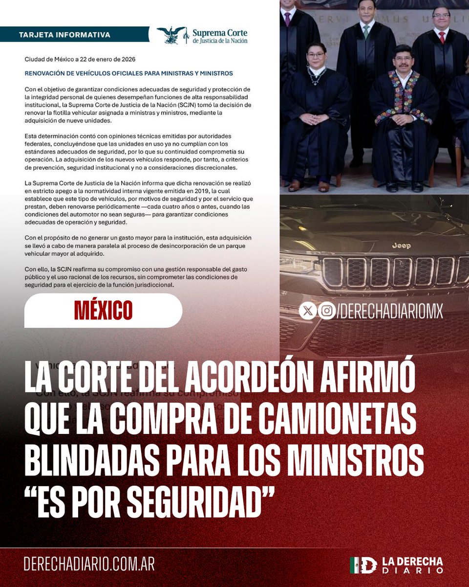 DerechaDiarioMX's tweet image. 🚨🇲🇽 | COMO ESTARA LA INSEGURIDAD: La Corte del Acordeón informó que las camionetas blindadas de casi un millón de pesos que les regalaron a los ministros se las dieron por razones de "seguridad".