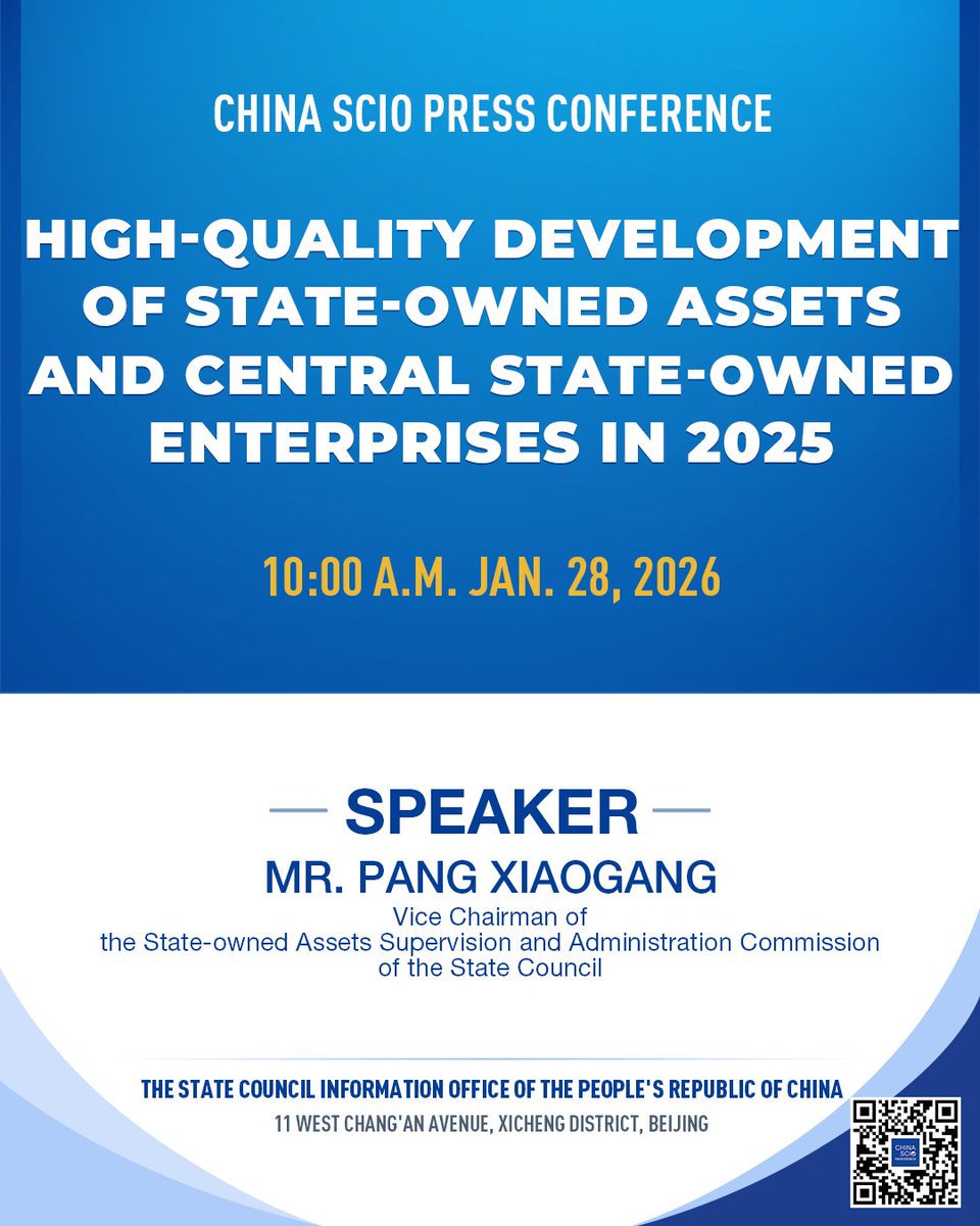 chinascio's tweet image. Notice of SCIO press conference on Jan. 28 (10 a.m.)

The State Council Information Office (SCIO) will hold a press conference at 10 a.m. Wednesday on high-quality development of state-owned assets and central state-owned enterprises in 2025.