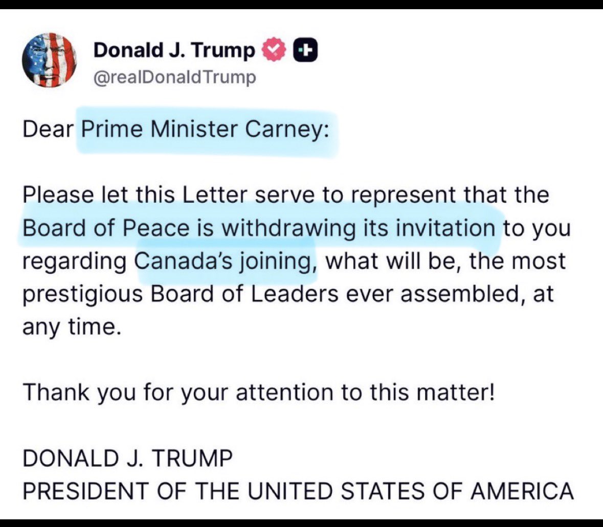 MelissaLMRogers's tweet image. HOLY CRAP 🇨🇦 President Trump withdraws Canada’s invitation to Board of Peace 🤯 

This is a MASSIVE hit to Canada on the global scale. Good job, Mark 😒