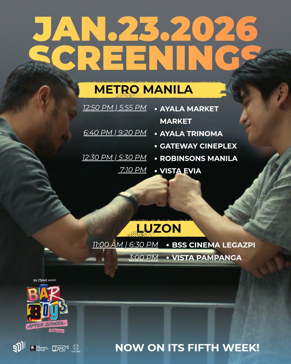 BarBoysMovie's tweet image. BAR BOYS: AFTER SCHOOL is STILL showing on its FIFTH WEEK! 💙✨

Gustong i-rewatch ang paborito  mong BARkada? Check our updated cinemalist for January 23, 2026, Friday!

Catch it while it’s still on the big screen! 🎟 Grab your tickets now!
#BarBoysAfterSchool
