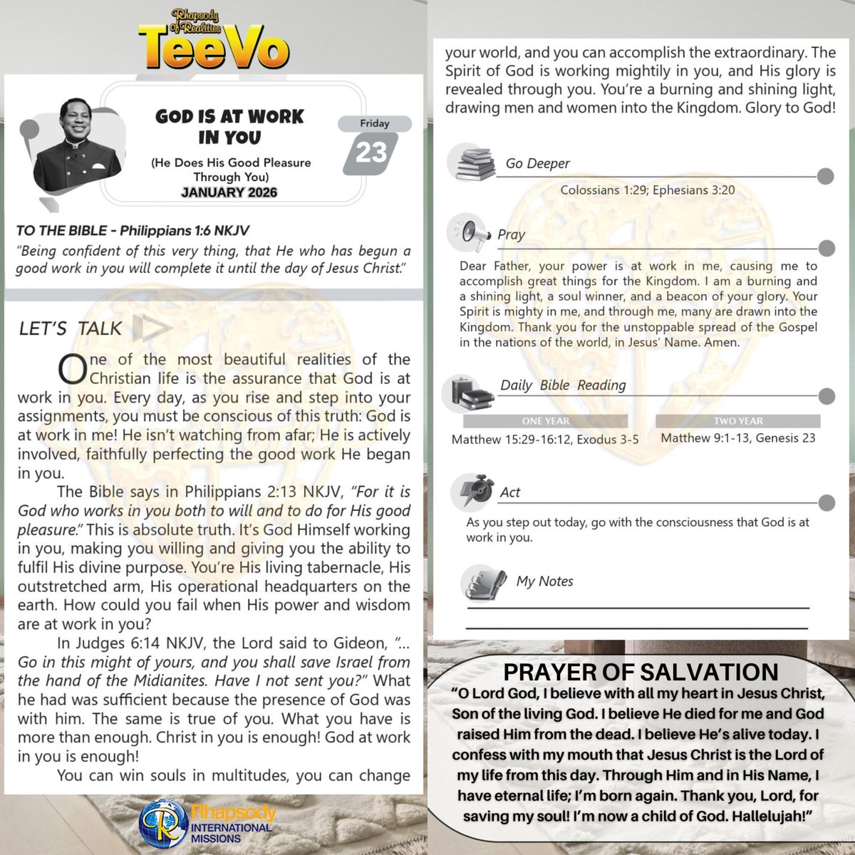 GOD IS AT WORK IN YOU
(He Does His Good Pleasure Through You)

📖 TO THE BIBLE - Philippians 1:6 NKJV
"Being confident of this very thing, that He who has begun a good work in you will complete it until the day of Jesus Christ."

LET'S TALK ⏩
One of the most beautiful realities