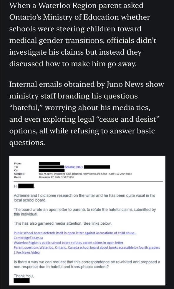 EducatorsHuman's tweet image. As reported by @finkledusty of @junonewscom, parent @FatherTodor shares his experience of seeking answers regarding what schools are relaying to youth about medical gender transitions. Also linked is a #cbc article which states that @PaulCalandra has opened virtual offices to…