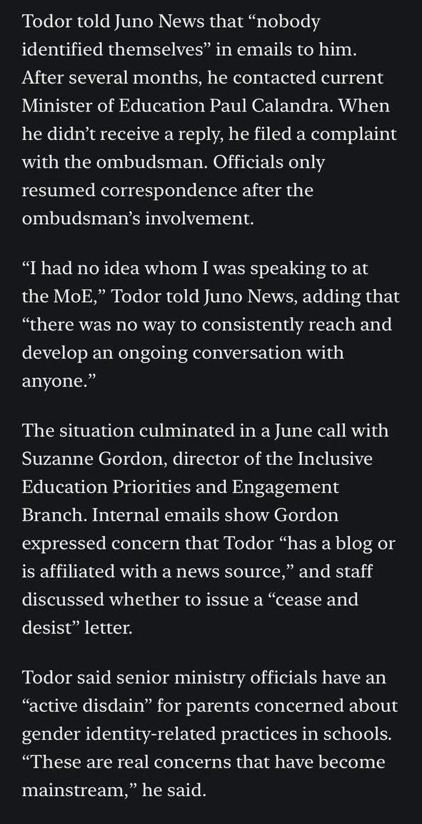 EducatorsHuman's tweet image. As reported by @finkledusty of @junonewscom, parent @FatherTodor shares his experience of seeking answers regarding what schools are relaying to youth about medical gender transitions. Also linked is a #cbc article which states that @PaulCalandra has opened virtual offices to…