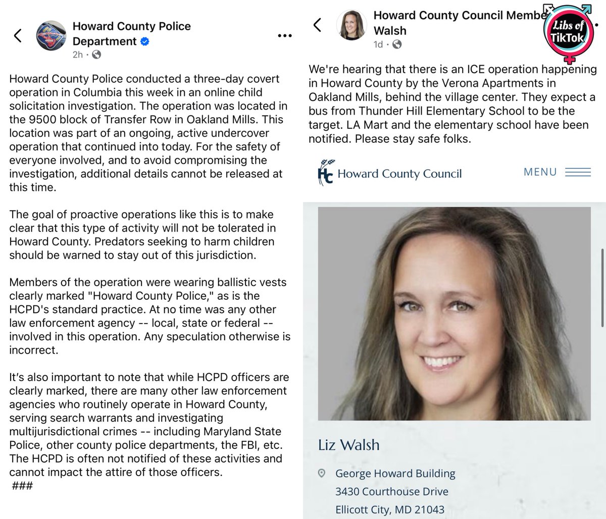 libsoftiktok's tweet image. Howard County, MD Councilmember Liz Walsh (D) posted a message on Facebook alerting about ICE presence.

Turns out it was police conducting an undercover operation to bust child predators who solicit kids online for s*x.

You can’t make this up.

Democrats love protecting p*dos.