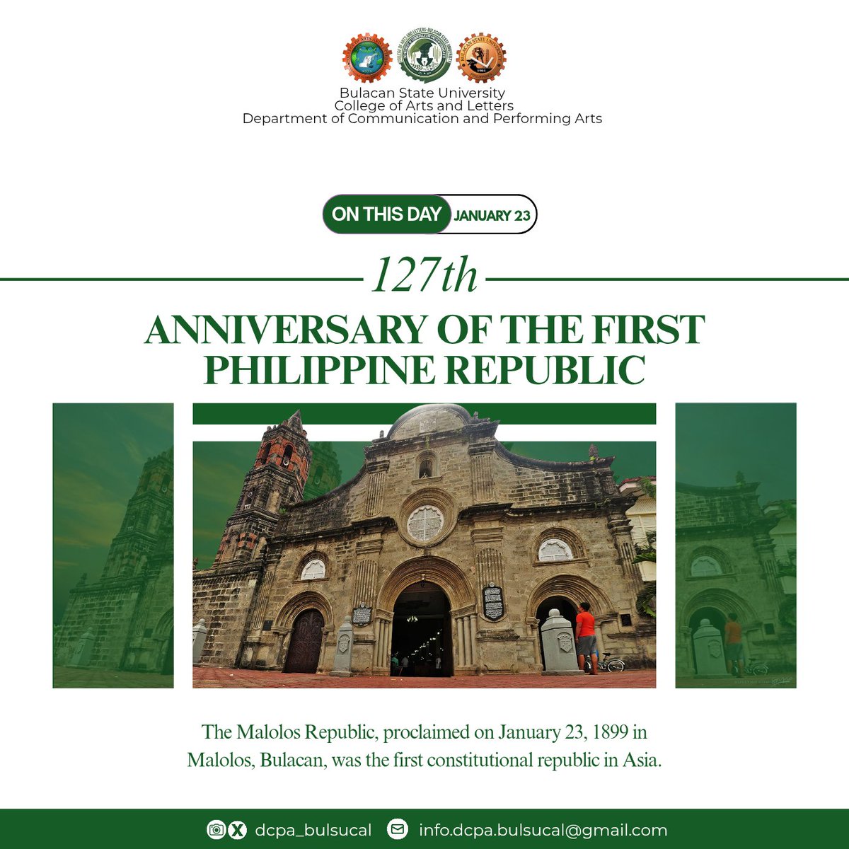 DCPA_BulSU_CAL's tweet photo. In commemoration of the 127th Anniversary of the First Philippine Republic, let us remember Bulacan’s historic role in our journey as a sovereign state.

May we never forget the significance of our country’s first democracy, as we celebrate this holiday on January 23. https://t.co/ZbDSGEIwm8