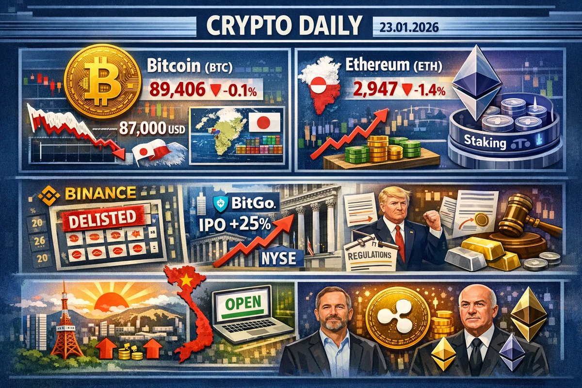 🗞️ Crypto Daily | 23/01/2026 1. Diễn biến giá các đồng tiền chủ chốt •  Bitcoin (BTC): Giá hiện tại 89.406 USD, giảm nhẹ 0,1% trong 24 giờ qua.  Trước đó BTC