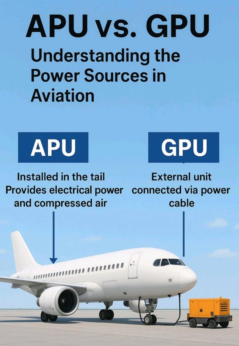 FLIGHTTIME9's tweet photo. 【航空豆知識✈️】

飛行機はどのように電気を確保しているのか、ご存知ですか？💡

地上にいる時の空調や電源はAPU(補助動力装置)と呼ばれる機体の後方についている小型のエンジンで、それを通してメインエンジンが始動されます。

また、地上にいる時の空調や電力の供給などもします。

フライト中の発電にはメインエンジンの力が利用され、機内の照明、空調、その他の電源が確保されますが、エンジンに不具合がありメインエンジンが発電できなくなった場合はAPUがバックアップとして使われます。

ちなみに最近では、GPU(地上動力装置)が利用できる空港がありますが、こちらは機体後方の小型エンジンを燃料を使って回すことなく電気で駐機中の機体への電力供給をするので、排気ガスや騒音対策など、環境にやさしいものとなっています。

#航空豆知識
#飛行機
#パイロット
#株式会社FLIGHTTIME