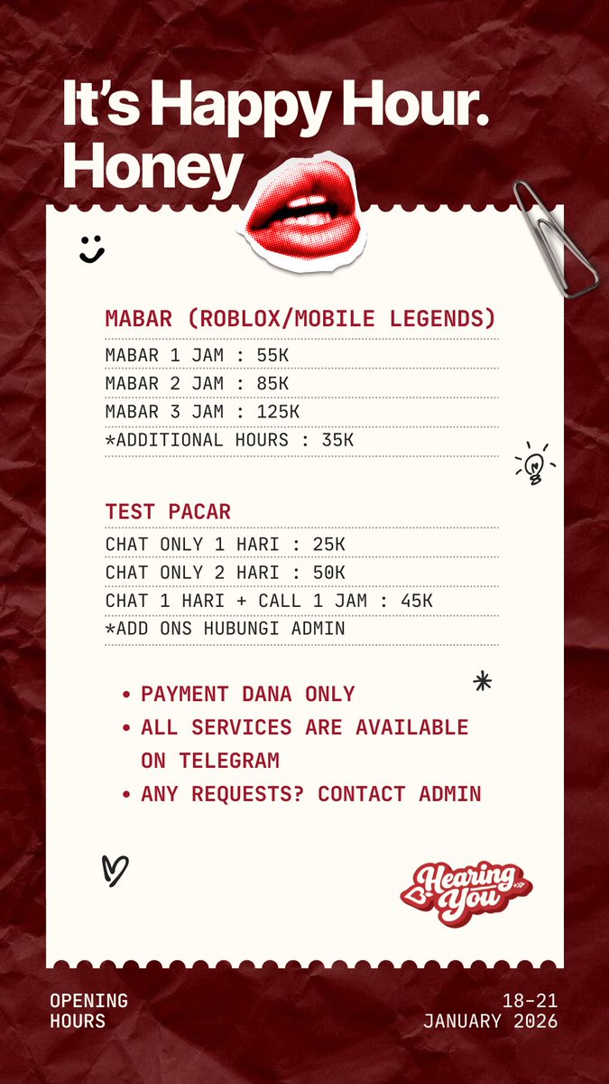 hearingyouu's tweet photo. PROMO HAPPY HOUR DI PERPANJANG? 😱

Yess! @hearingyouu @_hearingyou mendengar keinginan kalian, darling 💗
So, langsung aja pilih package yang kalian mau, dan booking by DM/link on bio~ see ya so soon, babe! 

#zonajajan #zonaba #zonabu #gfrent #temancurhat #testpacar https://t.co/nDJbsFySYg