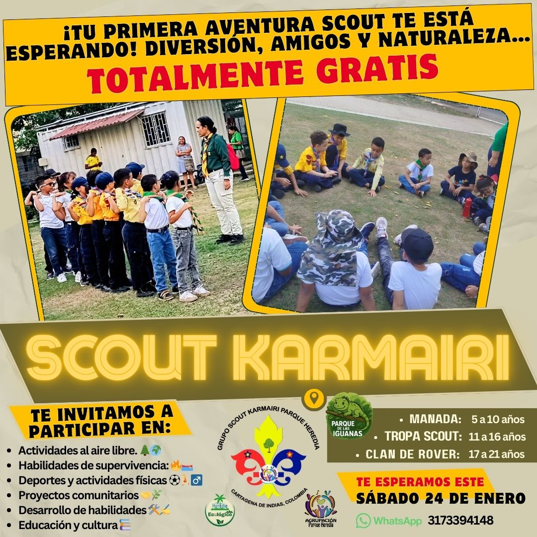 🌟 ¡Tu primera aventura Scout te espera! Juegos, amigos y naturaleza. Invita a tus papitos a conocernos. 1era visita GRATIS. Iniciamos un año lleno de retos y diversión. ¿Te unes? 📲 3173394148 #ScoutsParqueHeredia #ComunidadHerediana