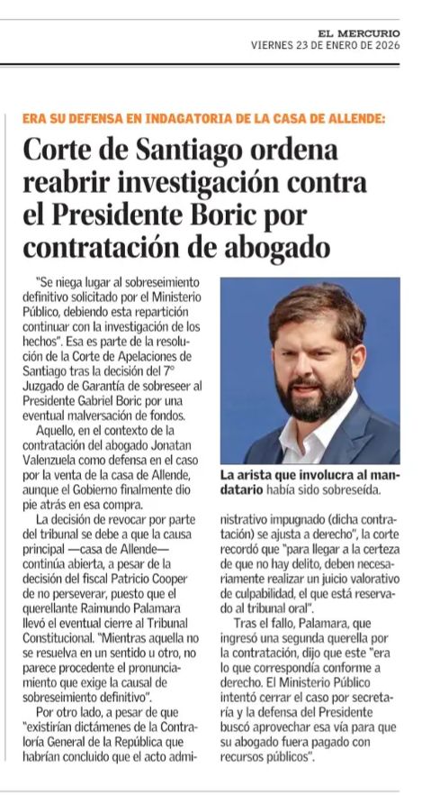 📍Alarma de #MegaCorrupción. 
Corte de Santiago ordena reabrir investigación contra el <a href="/GabrielBoric/">Gabriel Boric Font</a> por contratación de abogado en la fallida venta de la casa de Allende. FIN