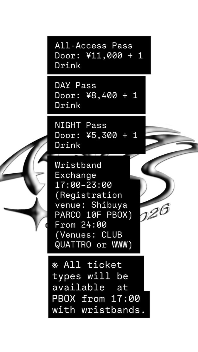 AVYSS_magazine's tweet image. 当日券あります是非

通し券、DAYの方はPBOXへ

NIGHTからお越しの方はクアトロかWWWへ(※NIGHTオンリーの方でもPBOXが開いてる時間帯はリストバンドのみ交換できます)
