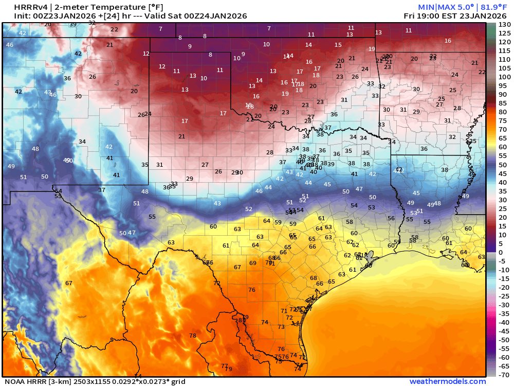 chasetxwx's tweet image. Want a more crazy comparison? Tonight’s 00z HRRR (left) vs yesterday’s 00z HRRR (right). 24 hours apart valid at the same time (6PM Friday). #txwx