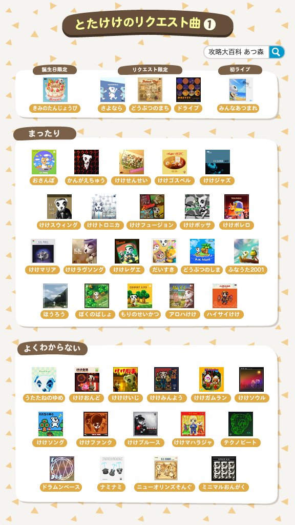 gamepedia_ac's tweet photo. 【とたけけのリクエスト曲一覧】
明日は土曜日、とたけけライブの日です！
18:00~24:00の間にリクエストすることで好きな曲を演奏してもらえ、演奏後に曲がもらえます！
欲しい曲がある場合は「あの曲がいい」で指定、それ以外の場合は「おまかせで！」で未所持の曲を狙うのがオススメ！
#あつ森 https://t.co/0NnrWZvyqI
