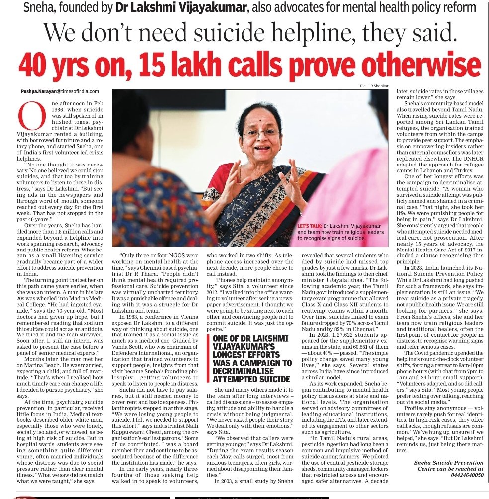 They said 'We don’t need suicide helplines.' 15 lakh calls later, Sneha —proves them wrong. 40 yrs of advocacy for mental health reform! Edited by <a href="/KaminimathaiTOI/">Kamini Mathai</a> <a href="/TOIChennai/">TOIChennai</a> <a href="/timesofindia/">The Times Of India</a> #MentalHealth #SuicidePrevention timesofindia.indiatimes.com/city/chennai/s…