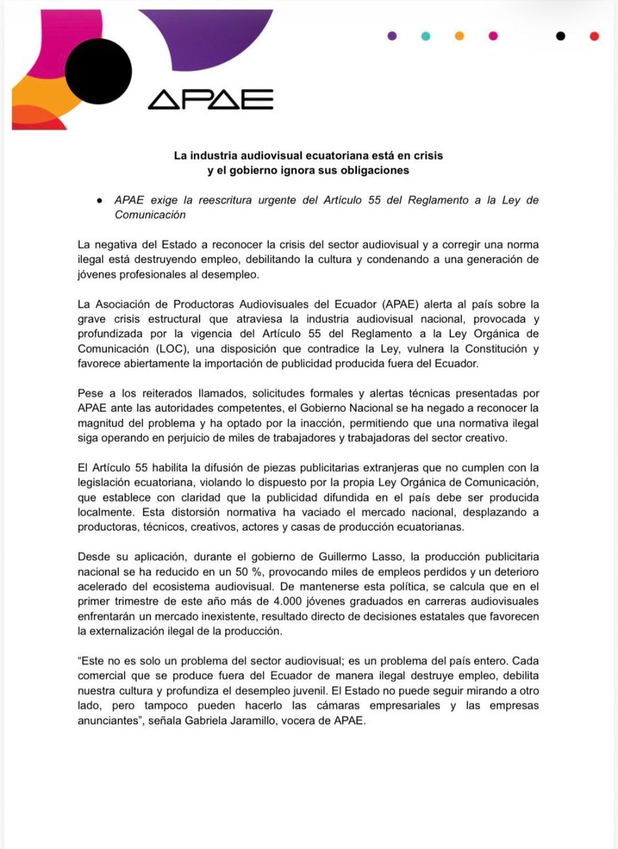 EcEnDirecto's tweet image. #ATENCIÓN 
La Asociación de Productoras Audiovisuales del Ecuador (#APAE) manifestó que la industria audiovisual padece fe una grave crisis y exigió la reescritura urgente del artículo 55 del Reglamento a la Ley de Comunicación. Además, enfatizó que la norma concede la difusión