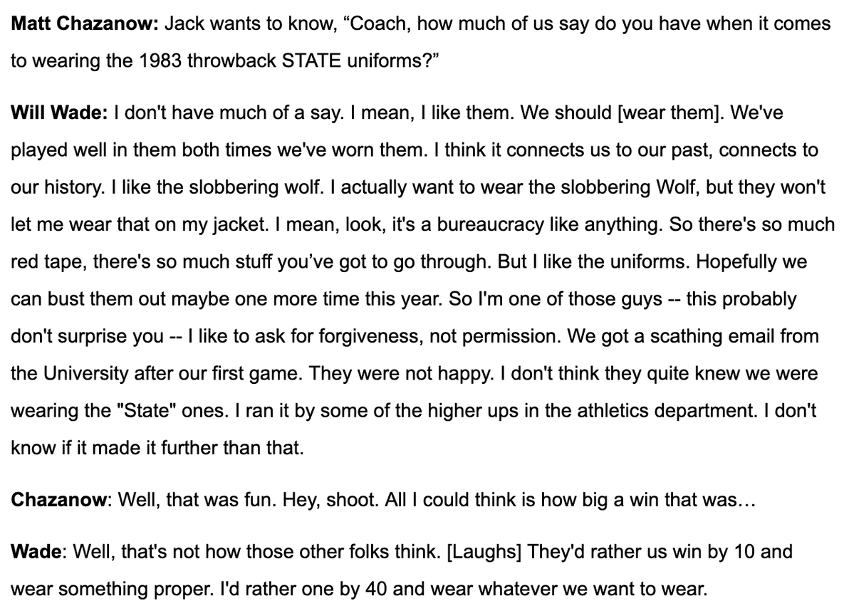 Here are the full comments from Will Wade during tonight's radio show about his say in wearing the "STATE" uniforms -- and his love of the Slobbering Wolf logo: