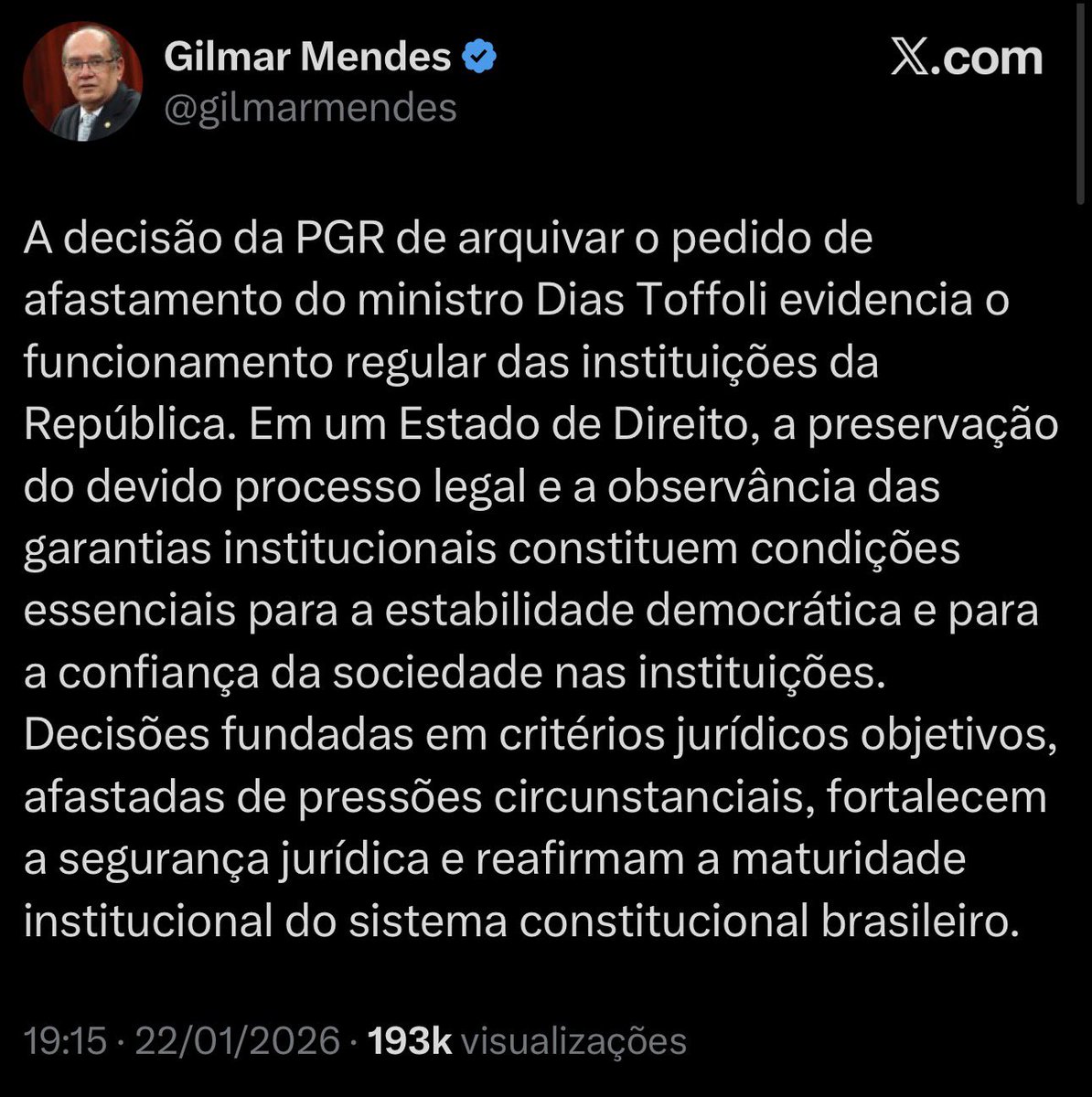 🚨URGENTE: Nas redes sociais, Gilmar Mendes elogia PGR por arquivar afastamento de Toffoli do caso Master 

🗣️ "A decisão da PGR de arquivar o pedido de afastamento do ministro Dias Toffoli evidencia o funcionamento regular das instituições da República. Em um Estado de Direito,