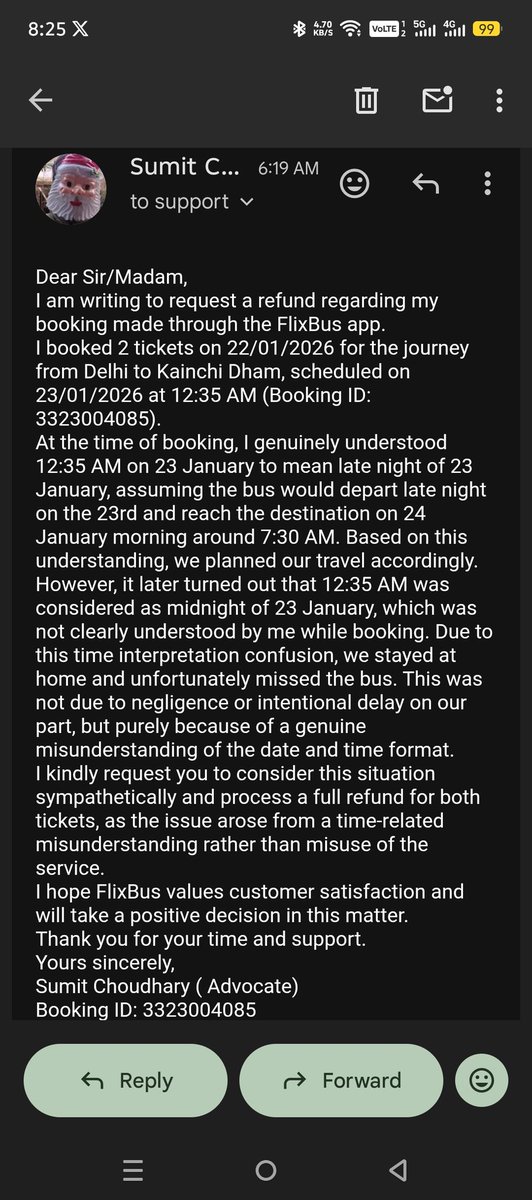 sumit_iac_aap's tweet photo. @FlixBus Booked 2 tickets via @FlixBus (Booking ID: 3323004085).
12:35 AM on 23 Jan was understood as late night of 23rd, but counted as midnight, causing us to miss the bus due to time confusion.
Kindly process a refund. #FlixBus #CustomerSupport #RefundRequest https://t.co/0b4uGzf7pU
