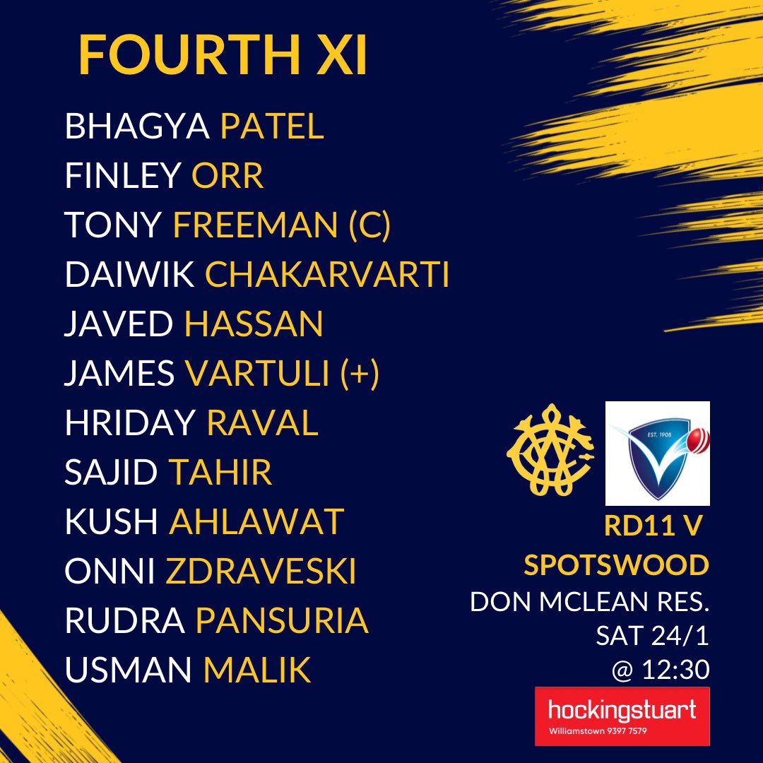 TEAMS- It's going to be a hot one tomorrow with games against Endeavour Hills and Spotswood. Make sure all players take care in the heat with plenty of fluids. Good luck to all 💛💙🏏