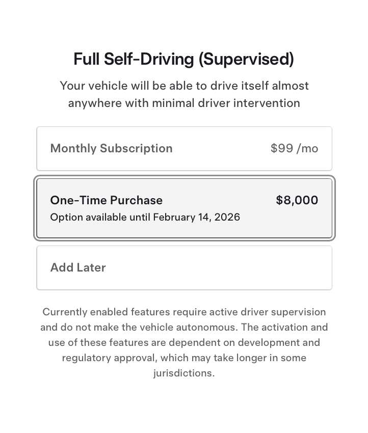 SawyerMerritt's tweet image. NEWS: Tesla has officially discontinued Autopilot in the U.S. and Canada. All new car purchases now come standard with Traffic-Aware Cruise Control.

The online configurator has now been updated to allow buyers to choose the $99/month FSD subscription, while still offering the…