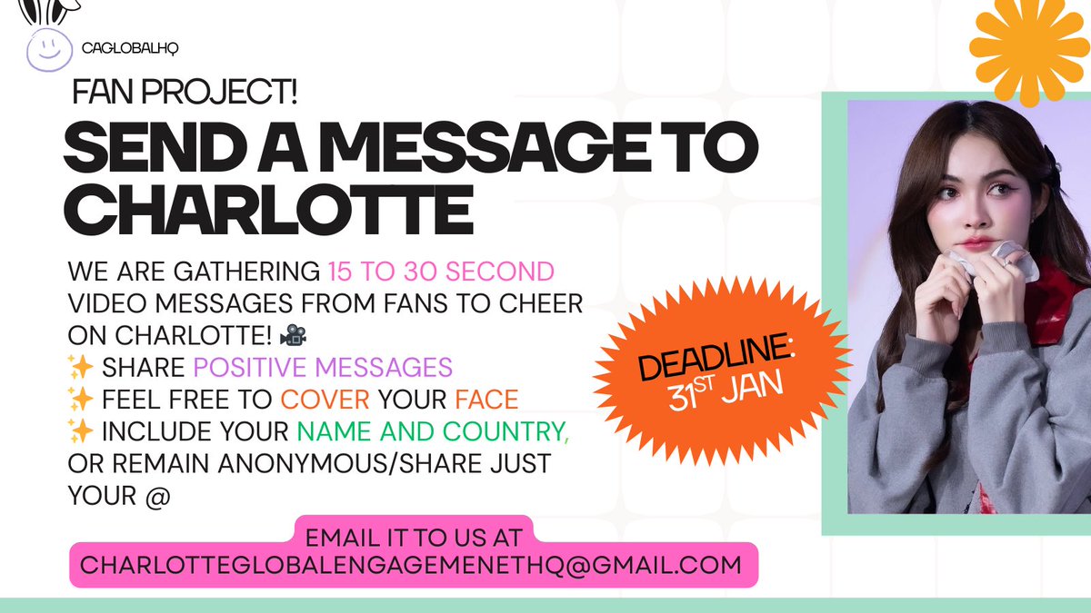 CAGlobalHQ's tweet image. We’re putting together a small fan project to support Charlotte 💛

If you would like to be part of it, please send a short 30-second video message with anything positive or uplifting you would like her to hear.

Your face is optional, and you can share your name + country, your…