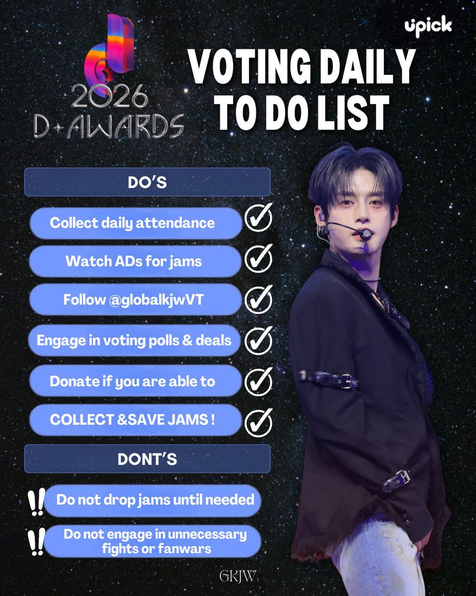 𝐔𝐏𝐈𝐂𝐊 𝐃•𝐀𝐖𝐀𝐑𝐃𝐒 𝐆𝐋𝐎𝐁𝐀𝐋 𝐂𝐇𝐎𝐈𝐂𝐄 𝐁𝐎𝐘 [𝐅𝐈𝐍𝐀𝐋𝐒] 𝐕𝐎𝐓𝐄 - D-6

Woongdeongies! The U PICK poll for D Awards is still ongoing ‼️ A reminder that TIME ATTACK is happening later today 🚨

✅️Collect Jams Now
☑️ Drop all Jams for Jiwoong in D AWARDS