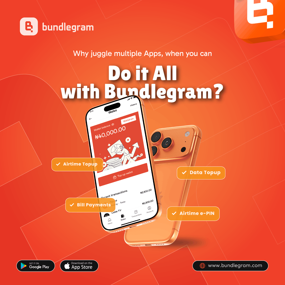 BundlegramNG's tweet photo. Why juggle multiple apps when you can do it all with Bundlegram? 

From airtime top-ups and data bundles to bill payments and airtime e-PINs, everything you need is right in one simple, reliable app. Convenience just got smarter. 

Get Started  - https://t.co/UoVHrwiRH2

#Bundlegram #AllInOneApp #AirtimeTopUp #DataTopUp #BillPayments #AirtimeEPIN #SmartPayments #DigitalConvenience