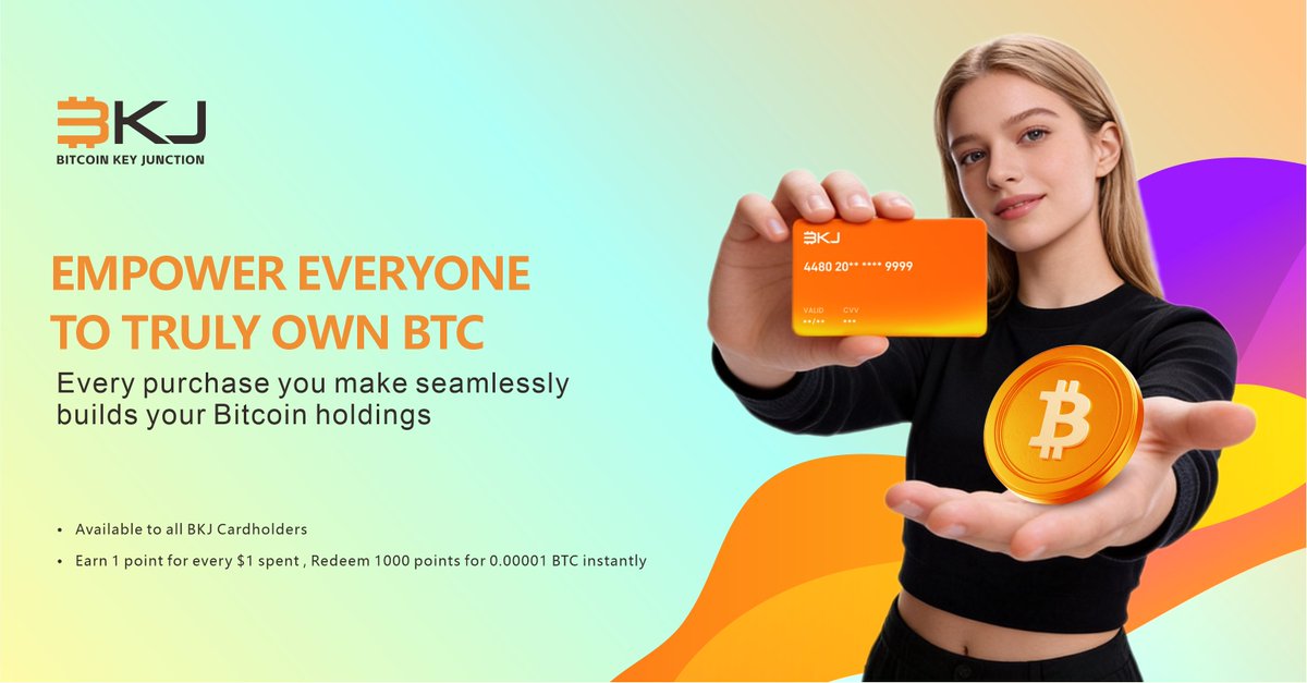 BKJCard's tweet image. Every purchase bringing you closer to owning real Bitcoin? That's financial freedom. 🚀

With the BKJ Card, seamlessly build your Bitcoin holdings just by spending. Available to all cardholders.

🔹Earn 1 point for every $1 spent
🔹Redeem 1000 points for 0.00001 BTC instantly…