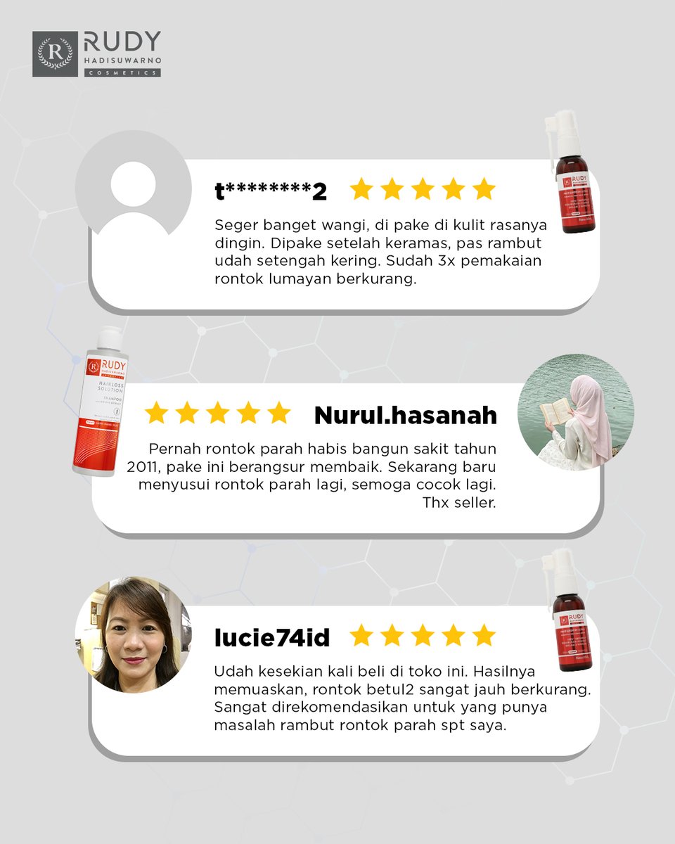Semua itu bukan sekadar klaim, terbukti dari banyaknya pelanggan yang puas dengan hasil pemakaian produk kami.

#RudyHadisuwarnoCosmetics #HairGrowthSerum #RambutRontok #ResepAntiRontok #ResepdariHairExpert #HairmonyExpert