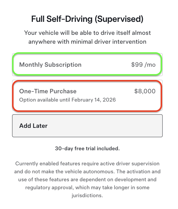 $TSLA
테슬라는 미국과 캐나다에서 AP(오토파일럿) 기능을 제거하였음
- 신차 구입시 해당하는 내용인듯

오토파일럿 기능 제거하고, 기존 TACC 만 기본 제공

• 월 구독 : $99
• 완전 구매 : $8,000 / 2월 14일 까지 구매 가능

• 신차 구입시 30일 FSD 무료 체험은 기존과 동일하게 제공

-