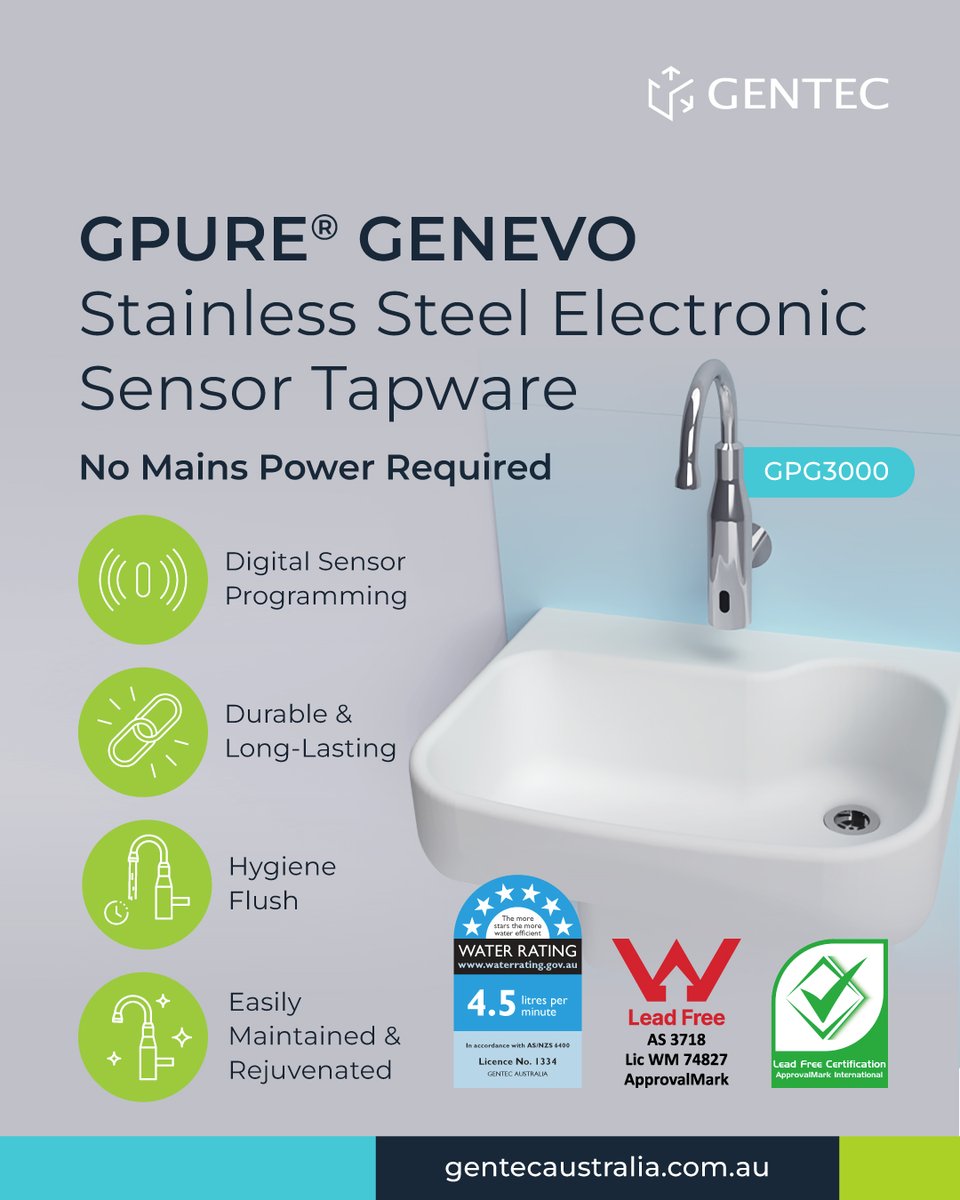 Smarter. Safer. More Sustainable.
A Better Solution for Your Retrofit Applications.

Meet the GPURE® GENEVO Stainless Steel Electronic Sensor Tapware(GPG3000) — where advanced design meets everyday reliability.
gentecaustralia.com.au/product/zero-l…