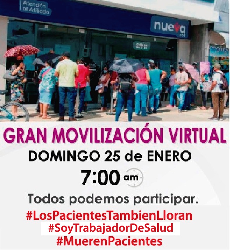 Pacientesco's tweet image. URGENTE
#VictimasDeLaSaludDePetro 

Enero 25
7am a 7pm
Gran Movilización VIRTUAL por la salud y la vida

Todos se pueden UNIR DESDE casa publicando historias de pacientes VICTIMAS DE LA SALUD
Utiliza 
#LosPacientesTambienLloran 
#MuerenPacientes 
#SoyTrabajadorDeSalud 
Únete y…