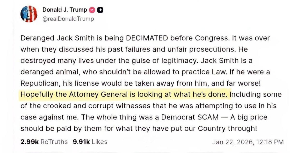 Donald Trump is publicly asking to weaponize the DOJ against Jack Smith in the middle of the GOP-led hearing, trying to prove that Jack Smith weaponized the DOJ against Donald Trump.

You can't make this up.