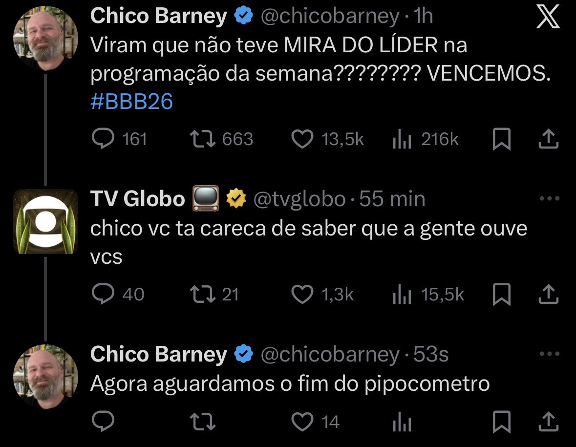 ccchromatica's tweet image. kkk boa d+ a influência de @chicobarney nesse site #bbb26