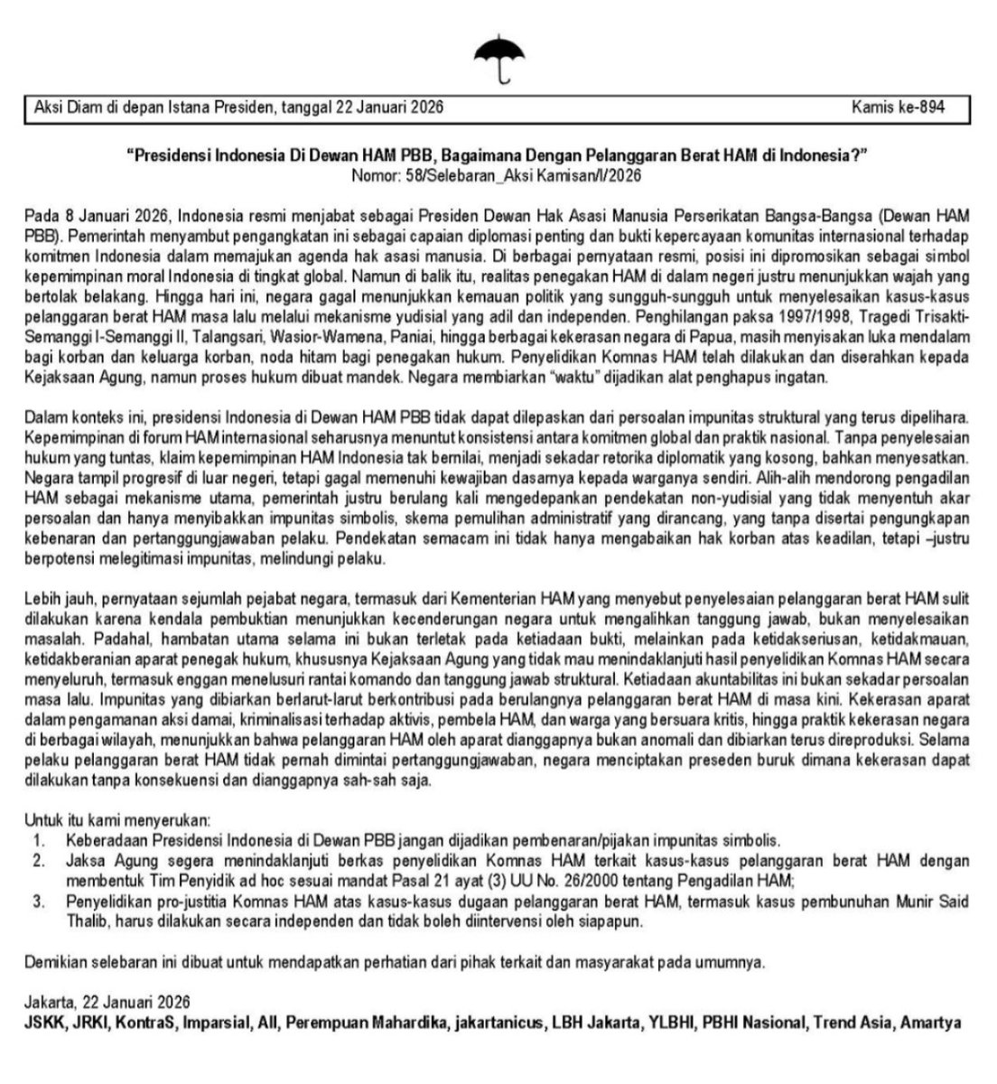 Terima kasih atas kebersamaan kawan2 dalam <a href="/AksiKamisan/">Aksi Kamisan</a> ke-894 yang bisa disimak di youtube JAKARTANICUS.

Semoga sehat semuanya setelah diguyur hujan &amp; sampai jumpa lagi pada hari Kamis, tg. 28/1/26.
<a href="/dipanggilwawan/">#SayaWawan | BR Norma Irmawan</a> korban Semanggi I - 13 November 1998.