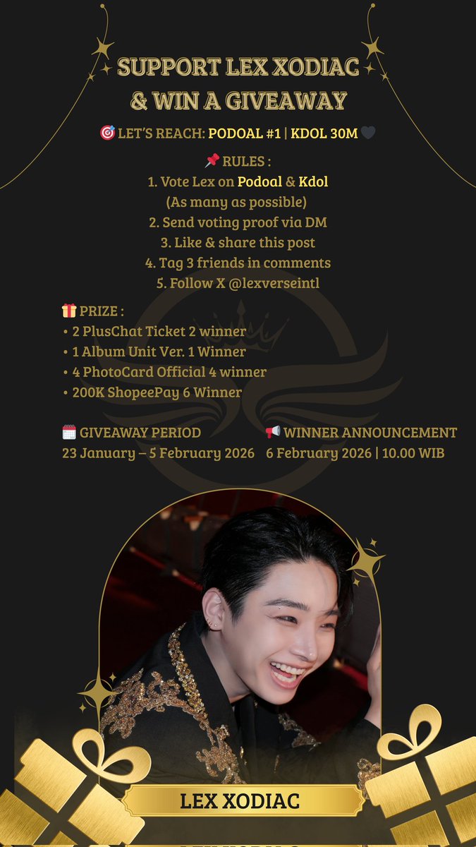 lexverseintl's tweet photo. 🎉 Giveaway Time! 🎉
Birthday voting Lex Xodiac! 💚

Semua keterangan ada di poster ya! 
Pastikan kamu udah baca sebelum ikutan giveaway📜

Ayo ikutan dan dapatkan kesempatan untuk raih Grand Prize &amp; Mystery Box Special yang akan datang! 🎁✨

#XODIAC #소디엑 #LEX #렉스 https://t.co/WzJTt2vAiF