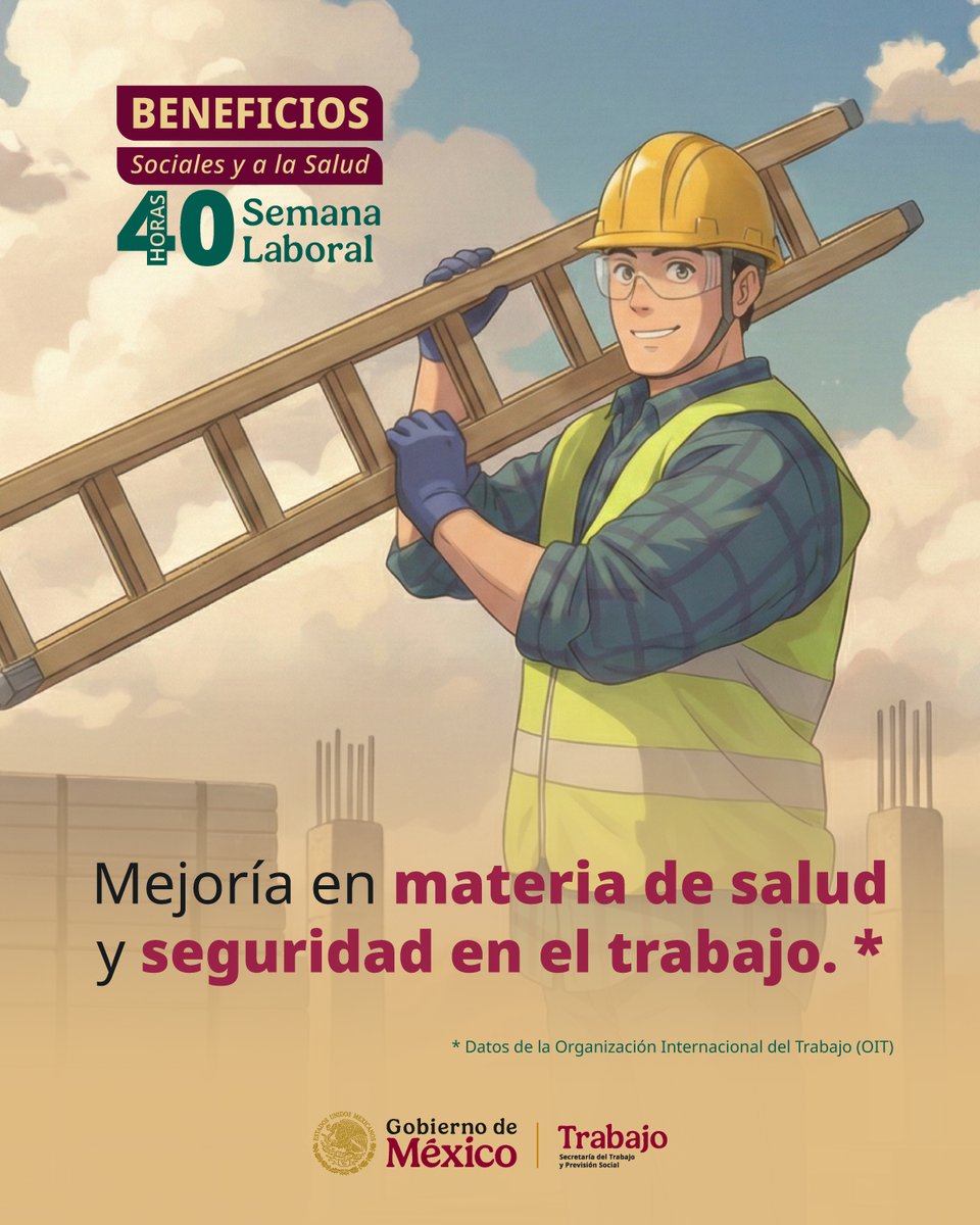 STPS_mx's tweet image. ✅13 millones de personas trabajadoras elevarán su calidad de vida con la reducción de la jornada laboral a 40 horas, de acuerdo con la #OIT (@ilo).

Esta medida impulsada por el Gobierno de la Cuarta #Transformación promueve modelos laborales más justos y sostenibles. 👷🏾‍♀️👷🏾
