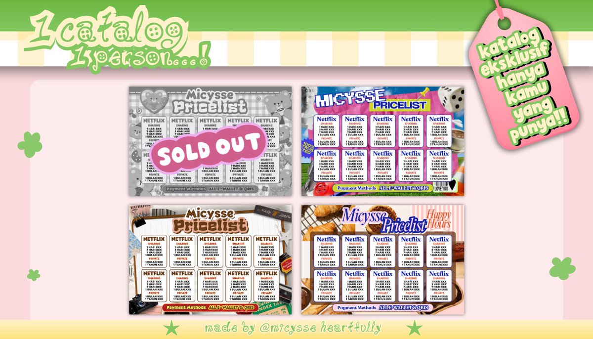 micysse's tweet image. help repost? thankyou!

HAAI! aku masih ada KATALOG PL 1C1P ⭐️ eksklusif untuk 1 orang! PL nya suitable untuk semua spess yaa (app prem, robux, sosneeds, dll) bisa langsung take sekarang jugaa! 😆

scroll for more! &amp;lt;kode &amp;amp; harga cek alt&amp;gt;
#zonauang #zonaba edit pl pricelist