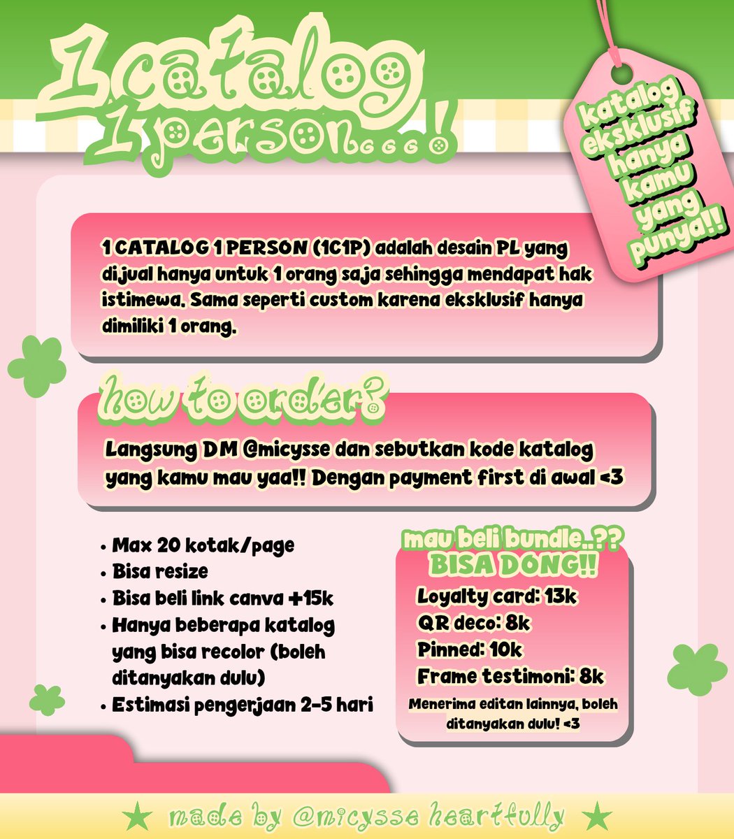 micysse's tweet image. help repost? thankyou!

HAAI! aku masih ada KATALOG PL 1C1P ⭐️ eksklusif untuk 1 orang! PL nya suitable untuk semua spess yaa (app prem, robux, sosneeds, dll) bisa langsung take sekarang jugaa! 😆

scroll for more! &amp;lt;kode &amp;amp; harga cek alt&amp;gt;
#zonauang #zonaba edit pl pricelist