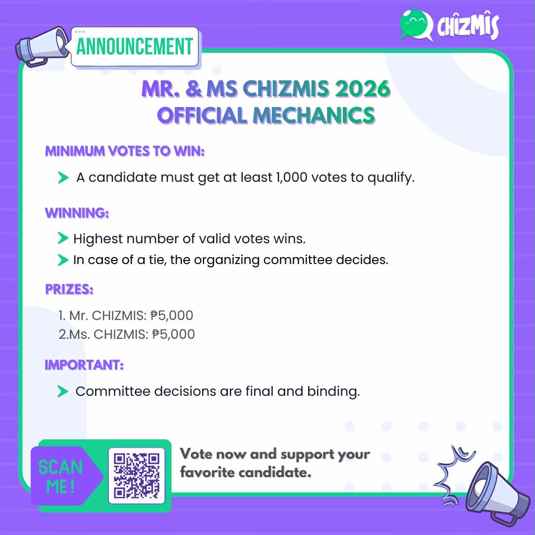 GoChizmis's tweet photo. 🔥 𝗠𝗥. &amp; 𝗠𝗦. 𝘾𝙃𝙄𝙕𝙈𝙄𝙎 𝟮𝟬𝟮𝟲 𝗜𝗦 𝗢𝗡! 🔥

Support your favorite Ginoo at Binibining PUP Lopez 2026 candidates by voting through the CHIZMIS App!

🗓 Jan 23 – Feb 14, 2026 (until 12PM)
🏆 ₱5,000 awaits 𝗠𝗥. &amp; 𝗠𝗦. 𝘾𝙃𝙄𝙕𝙈𝙄𝙎
👉 Search: G. at Bb. PUP Lopez 2026 https://t.co/KEIHp68a1Y