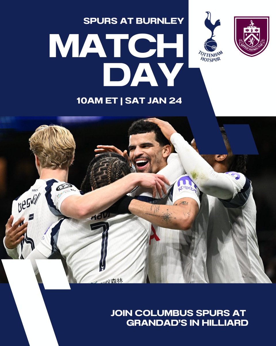 We might be snowed in for a couple of days so join us at Grandad’s Saturday before the weather hits! Spurs head to Turf Moor as we look to build upon Tuesday's momentum. Please be safe driving this weekend!

🆚 Burnley
📅 Sat, Jan 24
🕙 10am ET
☕️ Grandad’s Hilliard

#COYS #THFC