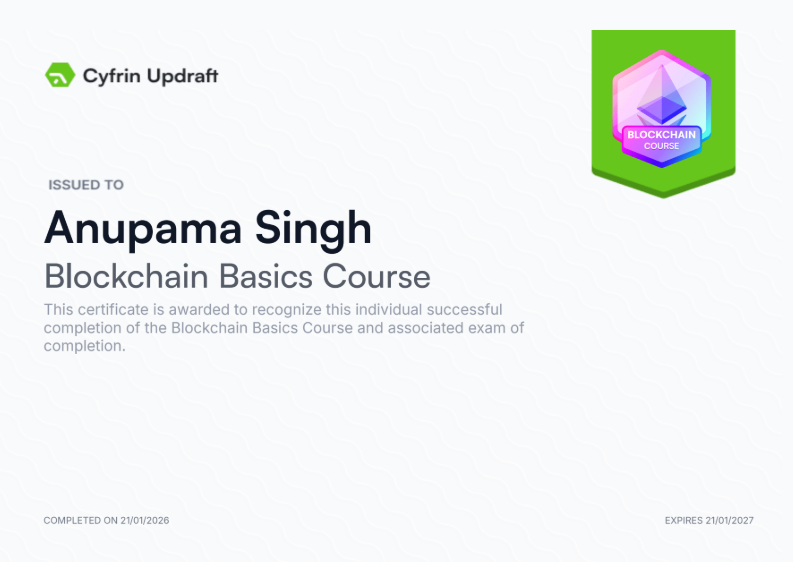 Completed the Blockchain Basics Course by <a href="/CyfrinUpdraft/">Cyfrin Updraft 🟩</a> ✅

Excited to learn &amp; build in #Web3🚀

Thanks <a href="/PatrickAlphaC/">Patrick Collins</a> for designing this beginner friendly course👏

🙏Grateful to such amazing instructors who made learning soo fun <a href="/CiaraNightingal/">Ciara Nightingale</a> <a href="/0xjesstech/">Jess</a> 

<a href="/_SDAV/">Solene</a> <a href="/dev3pack/">dev3pack</a>
