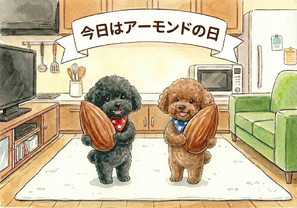 hoshi_select_7's tweet photo. 【今日は #アーモンドの日 🥜】 
実は「1日の摂取目安量が約23粒」なのと「1・2・3」の語呂合わせが由来だそう！なるほどな理由😳 
今日は23粒美味しく食べて健康習慣いかがですか✨🐶 

#豆知識 #今日は何の日 #トイプードル #イラスト #AIイラスト https://t.co/yNeQoG0Vua