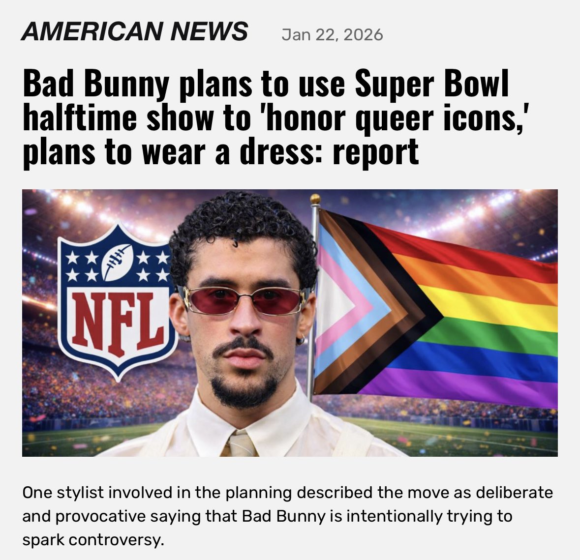 WellsJorda89710's tweet image. "NEW: Bad Bunny says he's wearing a DRESS at the Super Bowl halftime show to 'honor queer icons.'  

This is exactly why I'm skipping the game this year.  

The NFL went full woke—picked a guy who's turning the biggest football stage into a pride parade.  

Football used to be…